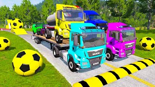 Double Flatbed Trailer Truck vs Speedbumps Train vs Cars | Tractor vs Train Beamng.Drive 0618