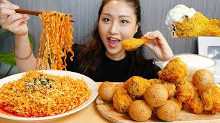 ENG) Korean Bburinkle Fried Chicken, Cheese balls and Fire Noodles🔥 ASMR Eating