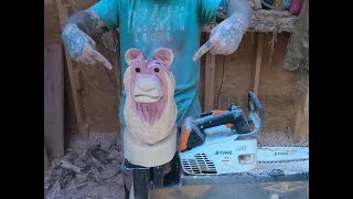 How to chainsaw carve a simple bear head..EASY step by step beginner carve!