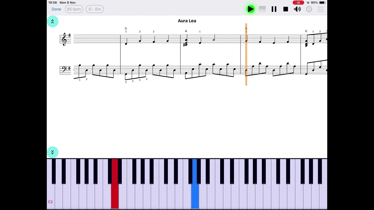 "Aura Lea" piano sheet music - "Piano eTutor" app (piano learning app iOS & Android)