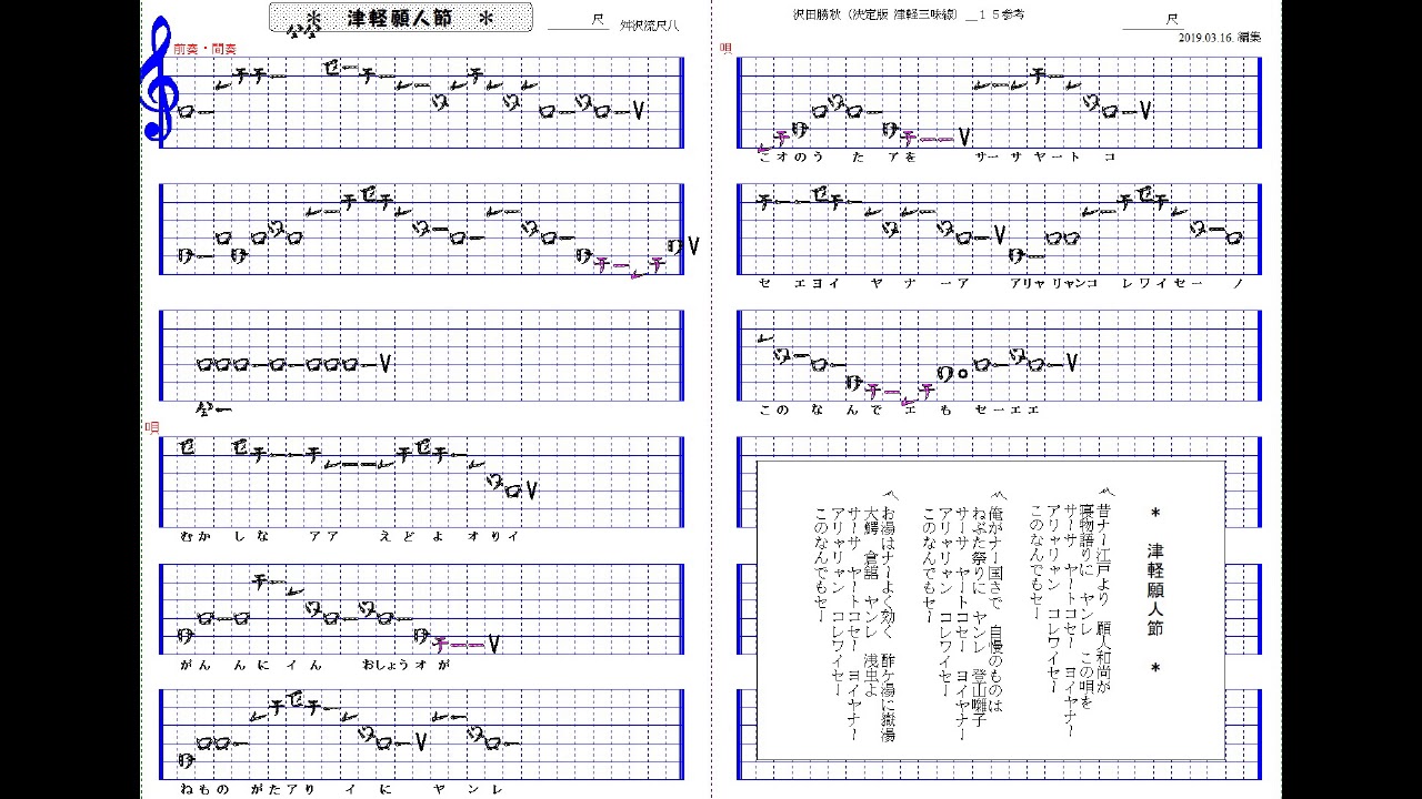 津軽願人節1.9#_日本民謡カラオケ、譜面－Gannin Bushi(尺八