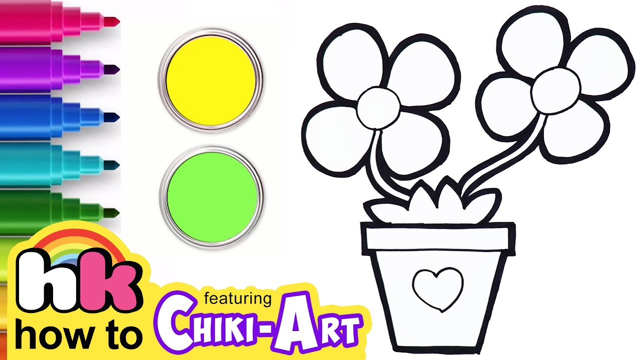 How To Draw Easy Flower Pot Drawing & Coloring For Kids Chiki Art