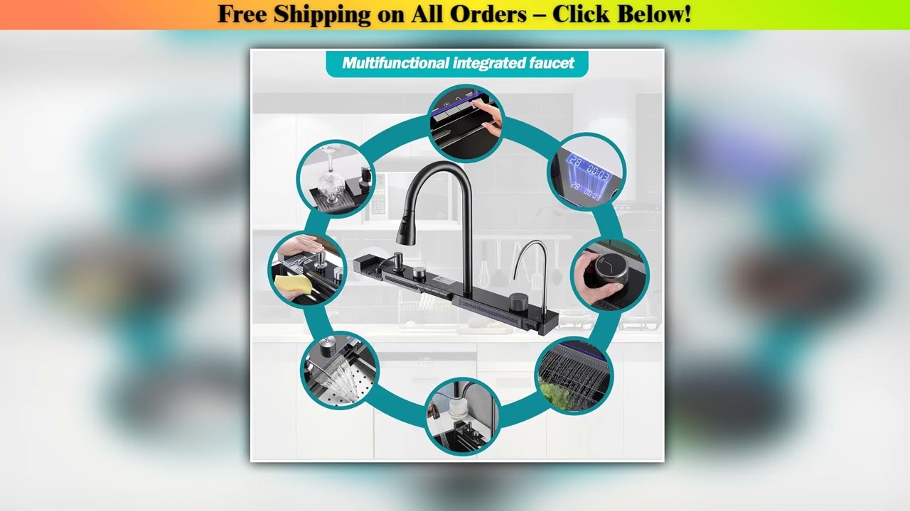 Kitchen Sink Faucet Large Integrate Digital Display Multi-Function Buttons Waterfall Soap