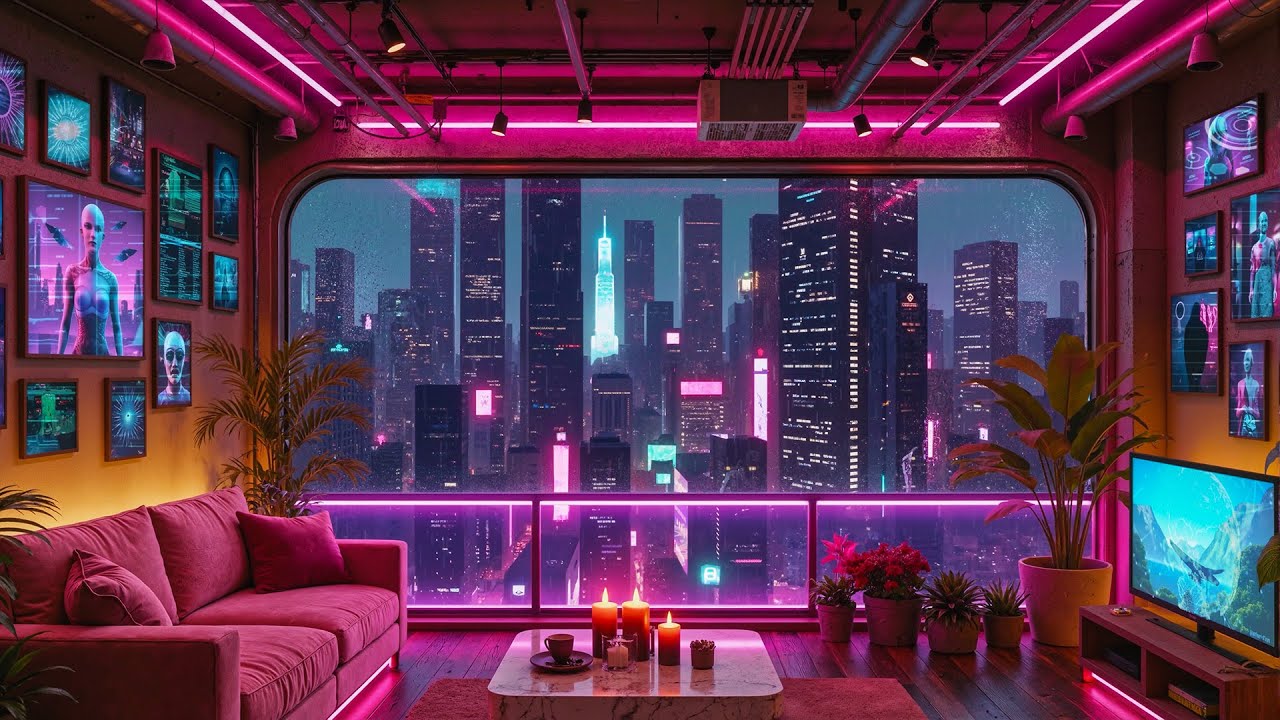 Cyberpunk Loft Lofi Radio 🌃 Neon City Rain Ambience 🟣 Chill Beats for Late Night Study & Sleep