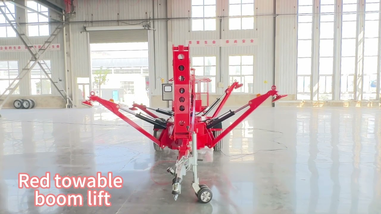 Red towable boom lift