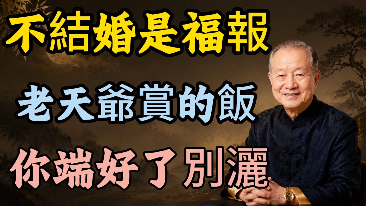 中年不婚,不是缺憾而是福報?曾仕強教授一句話點醒百萬人!#中年單身 #不結婚 #婚姻真相 #曾仕強 #佛學智慧 #易經智慧 #單身福報 #台灣 #中年人生 #獨處 #心靈成長 #楞嚴經 #金剛經 縮圖