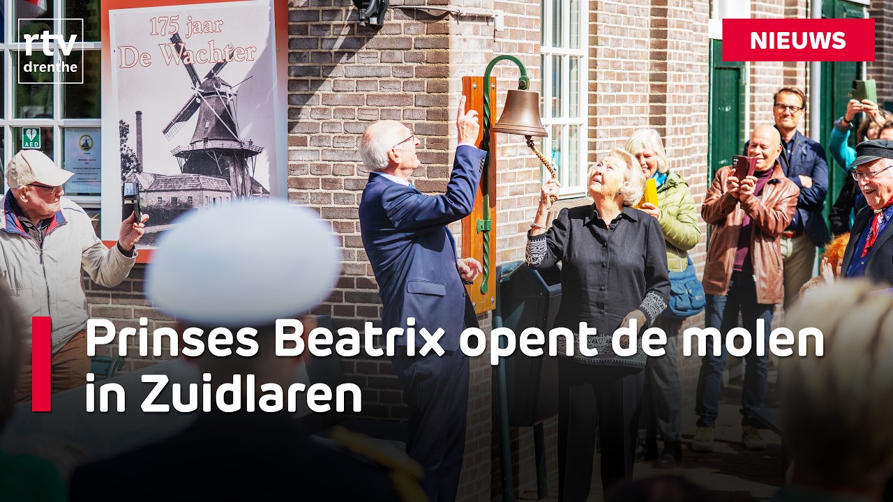 Prinses Beatrix kijkt haar ogen uit bij molen De Wachter in Zuidlaren ...