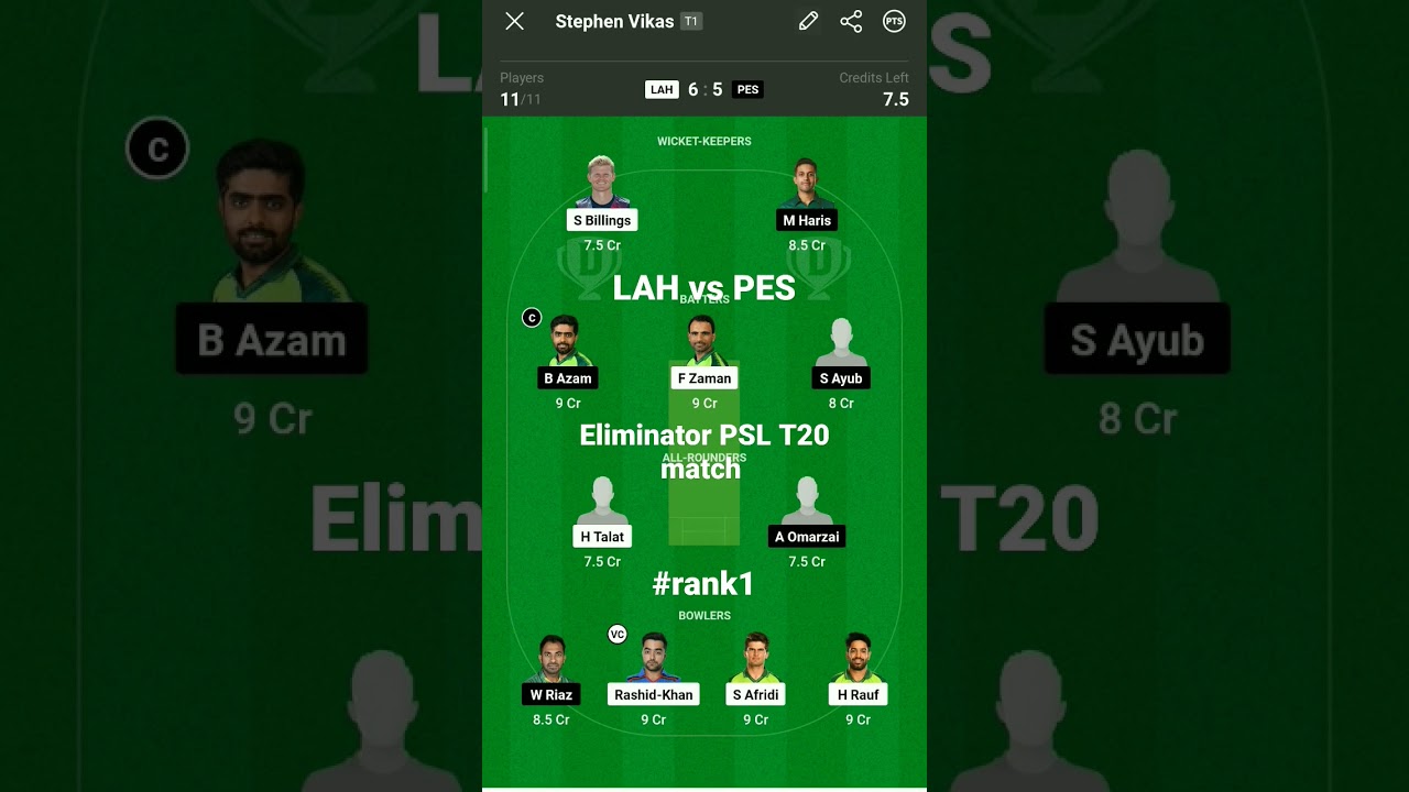 LAH vs PES dream11 prediction || Eliminator PSL T20 today's live match 