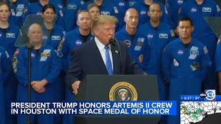 President Donald Trump honors Artemis II astronauts at NASAs Johnson Space Center in Houston
The president presented medals to the Artemis II crew at NASAs Johnson Space Center in Houston on Friday. President Donald Trump honors Artemis II astronauts at NASAs Johnson Space Center in Houston