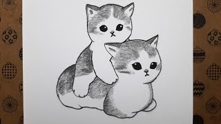 Kolay Karakalem Sevimli Kediler Adım Adım Nasıl Çizilir Kolay Hayvan Çizimleri, Anne ve Yavru Kedi