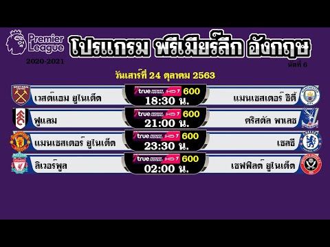 ตารางบอล โปรแกรมพรีเมียร์ลีกวันนี้ 23-24-25-26/10/63 วันที่ 21-22-23-24 ตุลาคม 2563 นัดที่ 6  2020