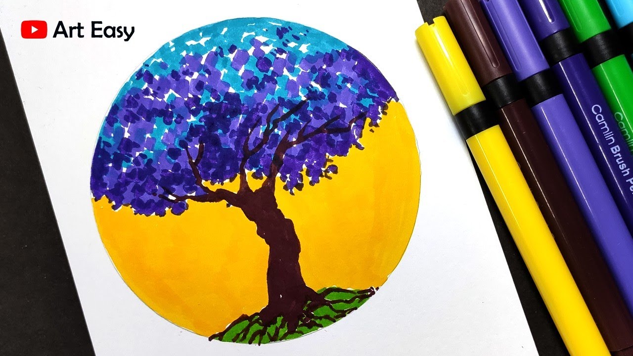 Beautiful purple tree drawing with brush pen || Very easy - YouTube