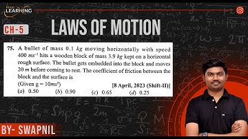 A bullet of mass 0.1 kg moving horizontally with speed400 ms-1 hits a wooden block of mass 3.9 kg
