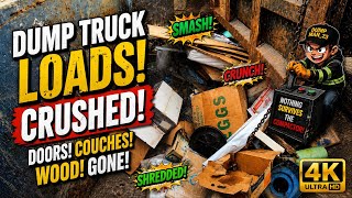 Compactor vs Dump Truck Loads! Destroying Couches, Doors & Wood in 4K ASMR