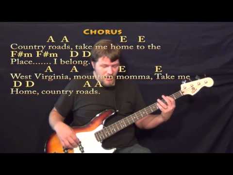 country-roads---bass-guitar-cover-lesson-in-a-with-lyrics/chords