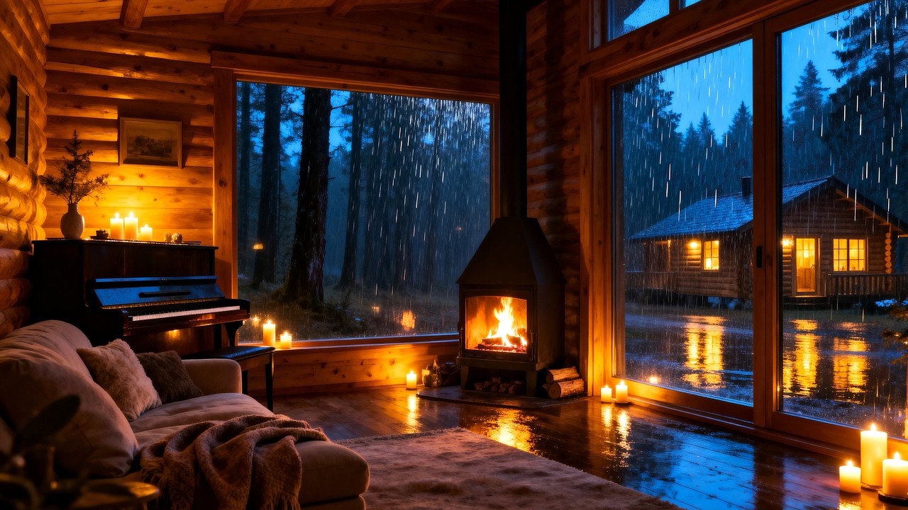 Уютная дождливая хижина, пианино, джаз 🌧️🔥, тёплый вечер у камина для отдыха и концентрации