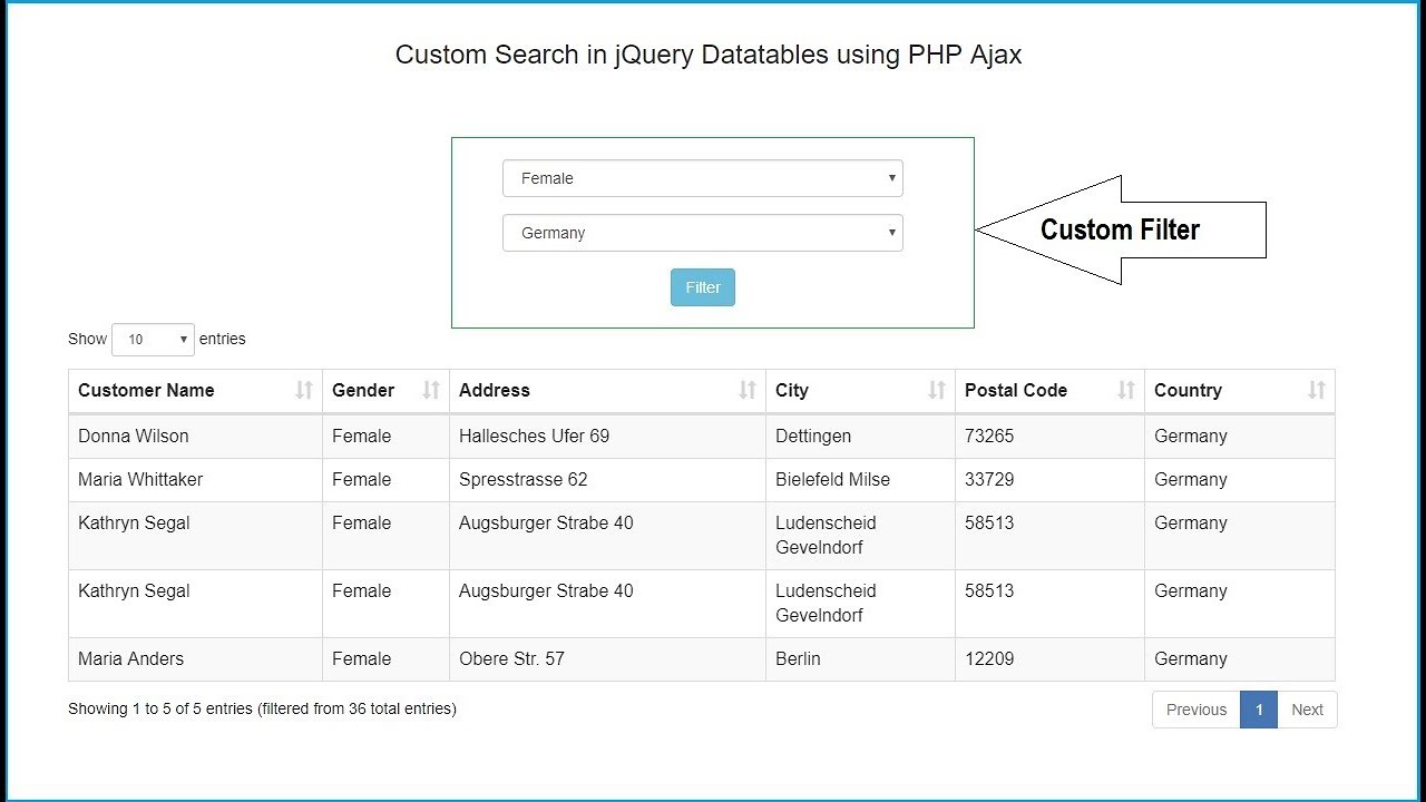 Custom Search in jQuery Datatables using PHP Ajax