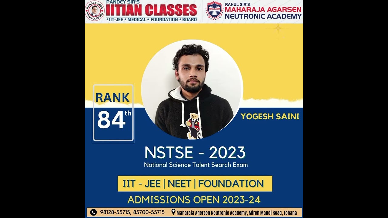 NSTSE -2023 Result Maharaja AGARSEN NEUTRONIC Academy Tohana... 33 Students in Top 100