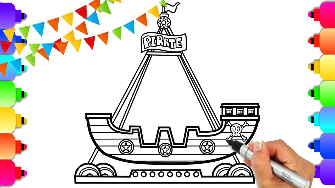 How to Draw Amusement Park Rides | Pirate Ship Carnival Ride Coloring Page | GLITTER ART |