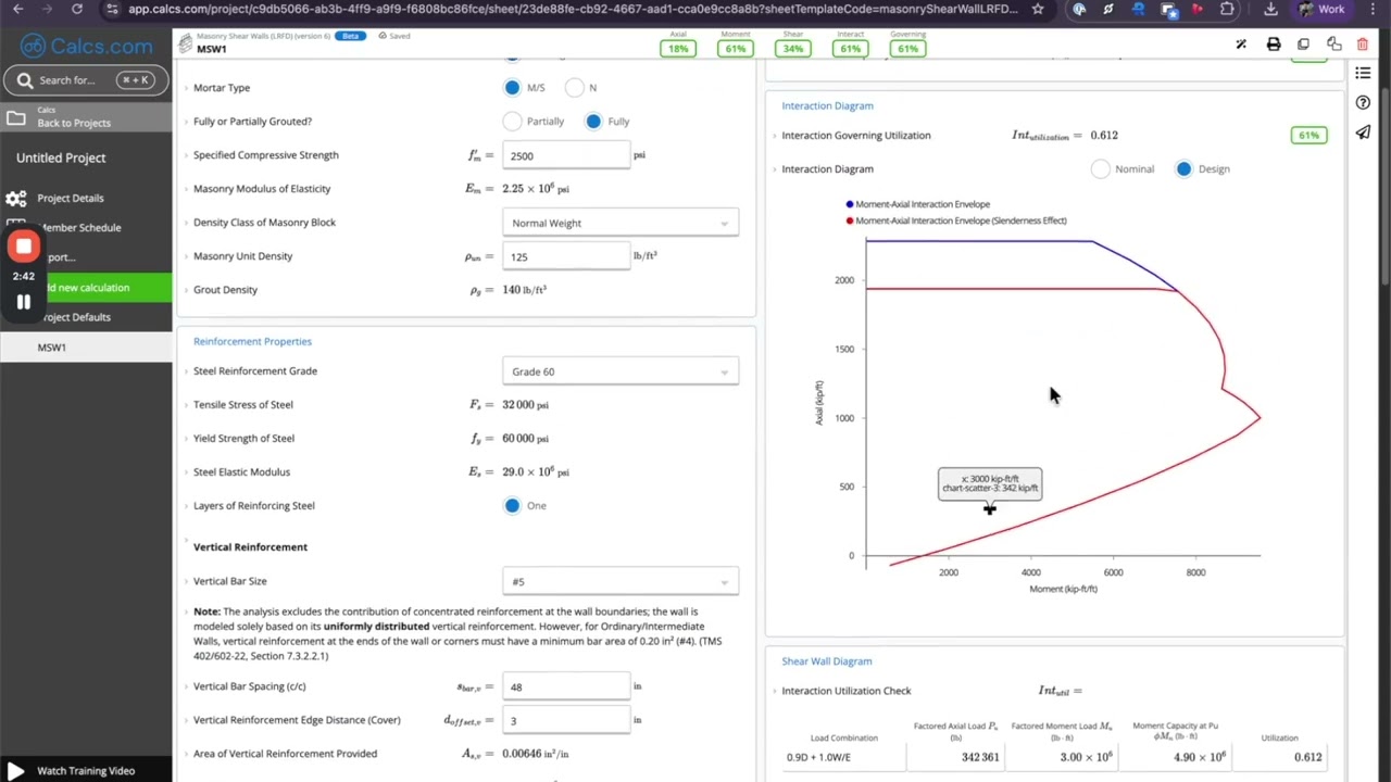 Masonry Shear Wall Calculator Tutorial: TMS 402/602-22 LRFD Design in Calcs.com