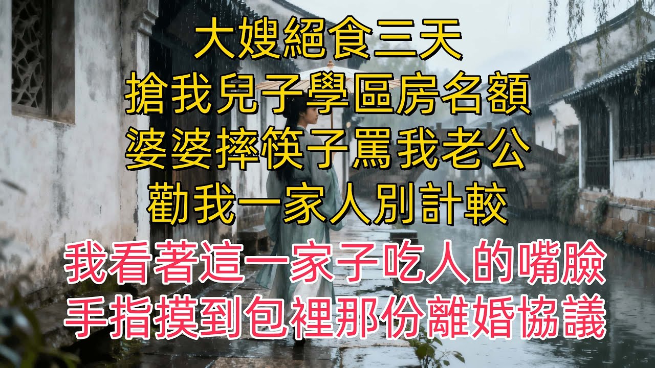 大嫂為了侄子學區房在我家絕食逼宮第四天,公公打電話動用關係說下週三必須簽字,老公勸我爸都欠了大人情咱們就算了吧,我從包裡抽出離婚協議輕輕放在茶几上,這字你簽也得簽不簽也得簽,那就法庭見