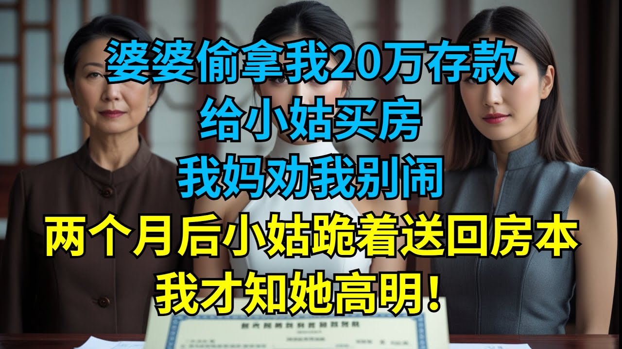 婆婆偷拿我20万存款给小姑买房，我妈劝我别闹，两个月后小姑跪着送回房本，我才知她高明！