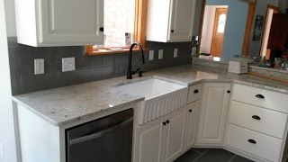 Colonial White Granite Countertops-3 x 6 Smoke Gray Glass Backsplash