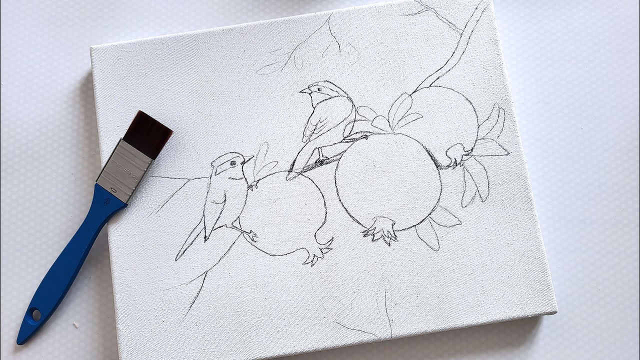 Birds On A Branch With Pomegranates / Acrylic painting / Step by step