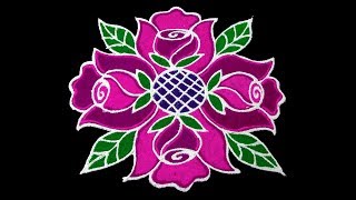 Rose Flower Rangoli | 7x4 Middle Dots Rose Kolam | Creative Rose Rangoli | Daily Rangoli