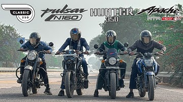 Hunter 350 vs Pulsar N160 vs Classic 350 vs Apache 160 4v || DRAG RACE || top end battle