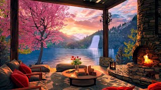 Soothing Jazz Piano Music & Fireplace Sounds ☀ Summer Morning Ambience on Cozy Terrace by the Lake