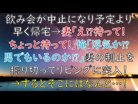 【ほっこりする話】飲み会が中止になり予定より早く帰宅→妻「え！？待って！ちょっと待って！」俺「浮気か！？男でもいるのか！？」妻の制止を振り切ってリビング突入すると、そこにはなんと…！