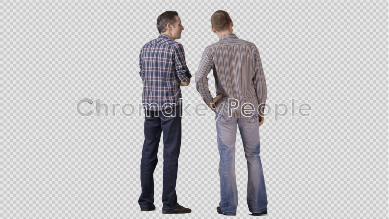 Two young men in casual stand side by side, talk, laugh. Back view ...