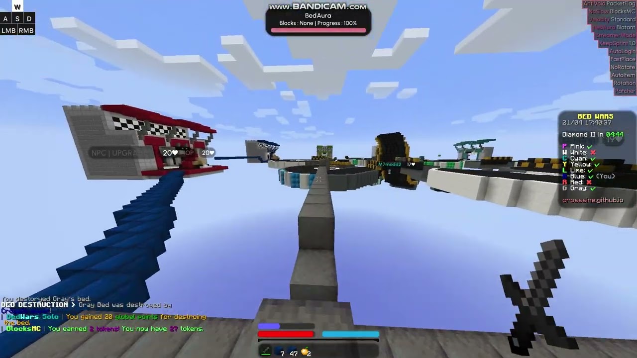 Cheating on BlocksMC bedwars with Crossine B46 while staff is asleep