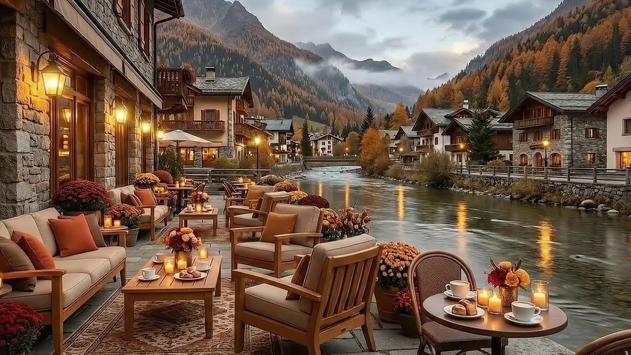 Cozy Autumn Riverside Cafe Ambience With Smooth Jazz and Water Sounds 🍁