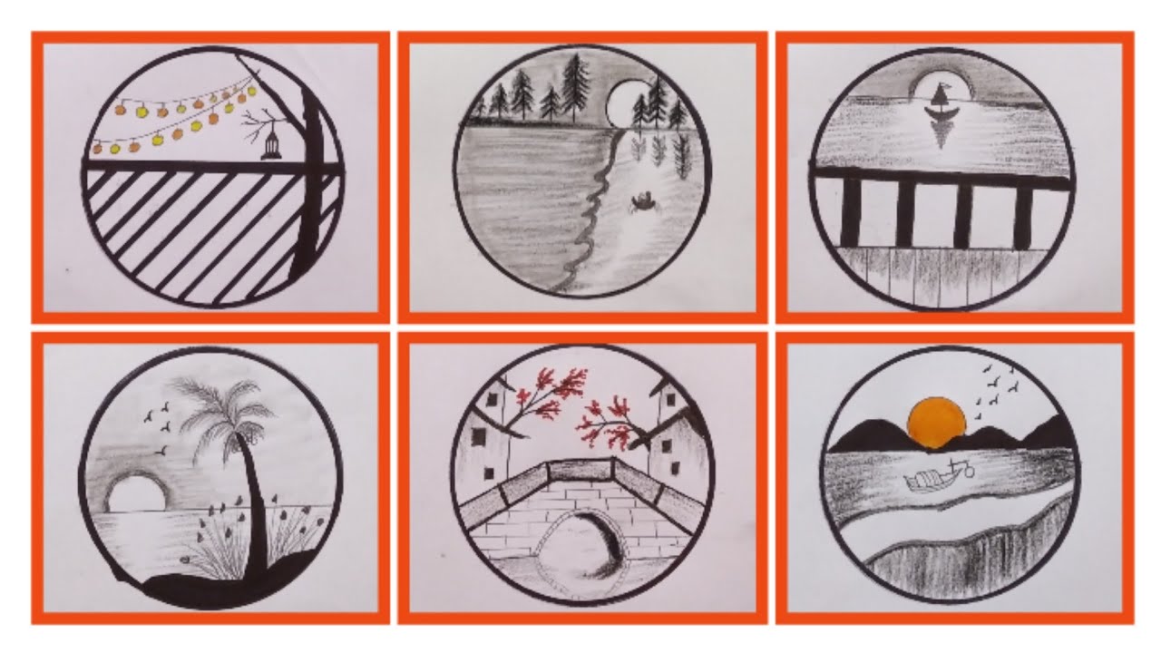 How to draw circle drawing / easy and simple land scenery drawing step ...