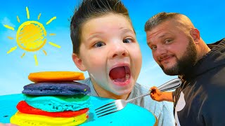 CALEB MORNING ROUTINE for KIDS! ☀ Making RAINBOW PANCAKES with DAD!