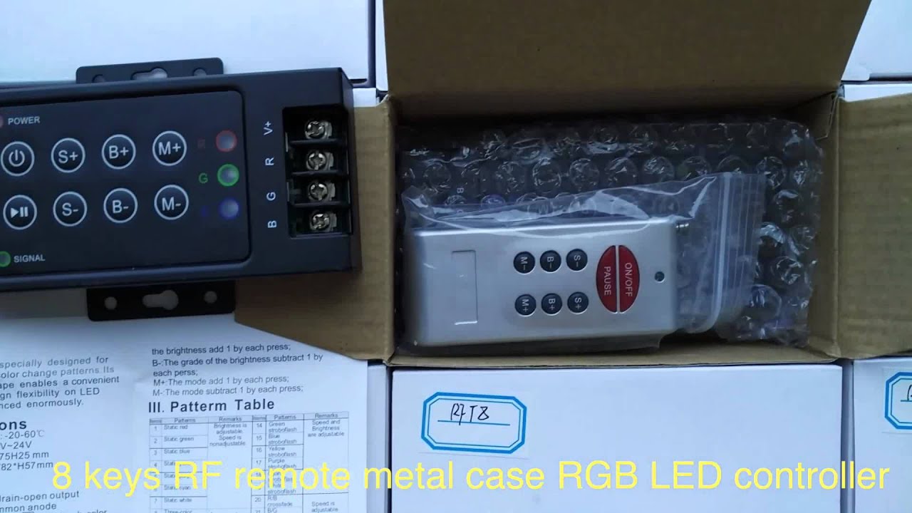 8 keys RF remote metal case RGB LED controller - kutop.com - YouTube