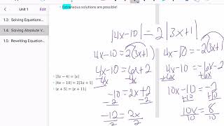 1.4:  Solving Absolute Value Functions (Day 2)