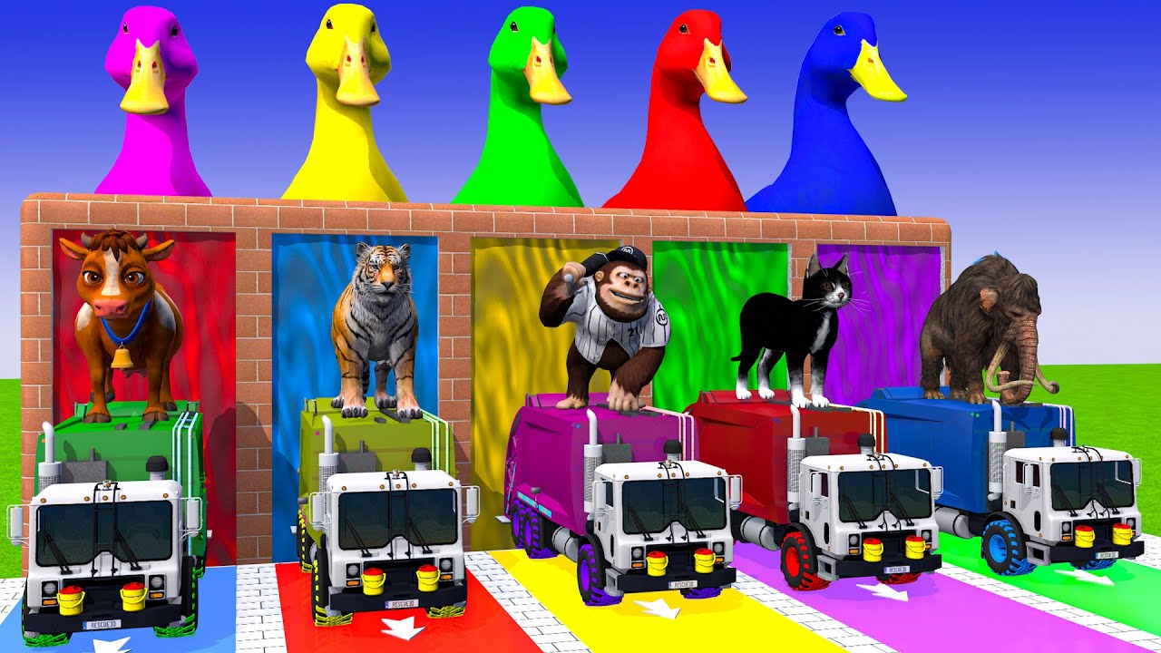 Длинная горка с коровой, слоном, гориллой, бегемотом, тигром - 3D-игра с животными - Забавные 3D-...