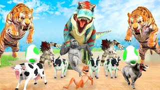 10 Zombie Tiger vs 10 Zombie Cow vs 10 Giant Buffalo Fight Dinosaur vs Gorilla Cow Cartoon Buffalo