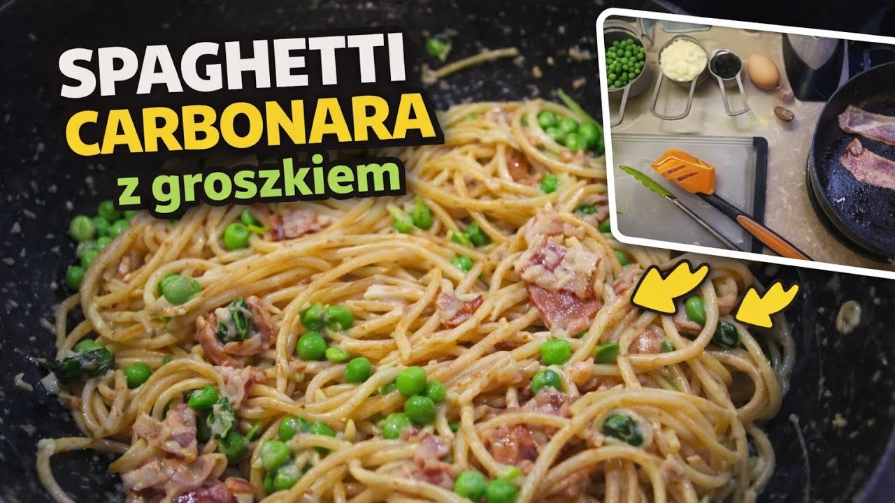 Spaghetti carbonara z groszkiem i boczkiem MajkelGotuje YouTube