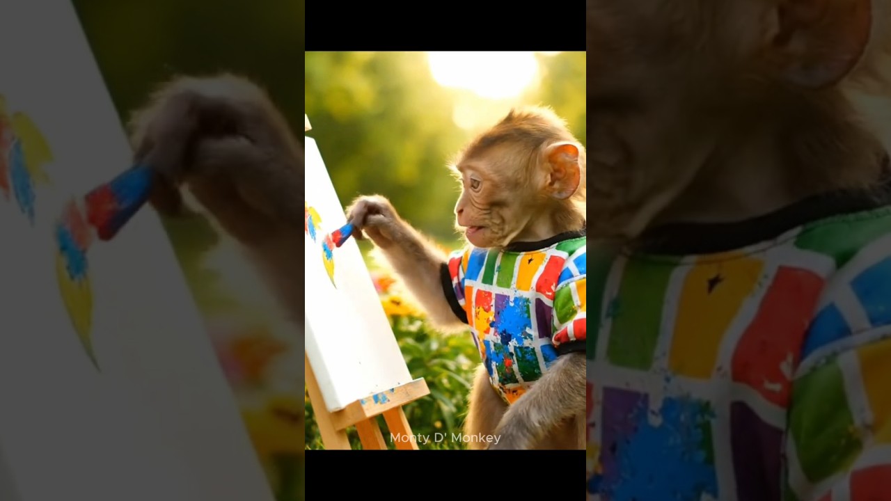 Baby Monkey Painting in the Park | Cutest Little Artist Ever! 🌸✨  