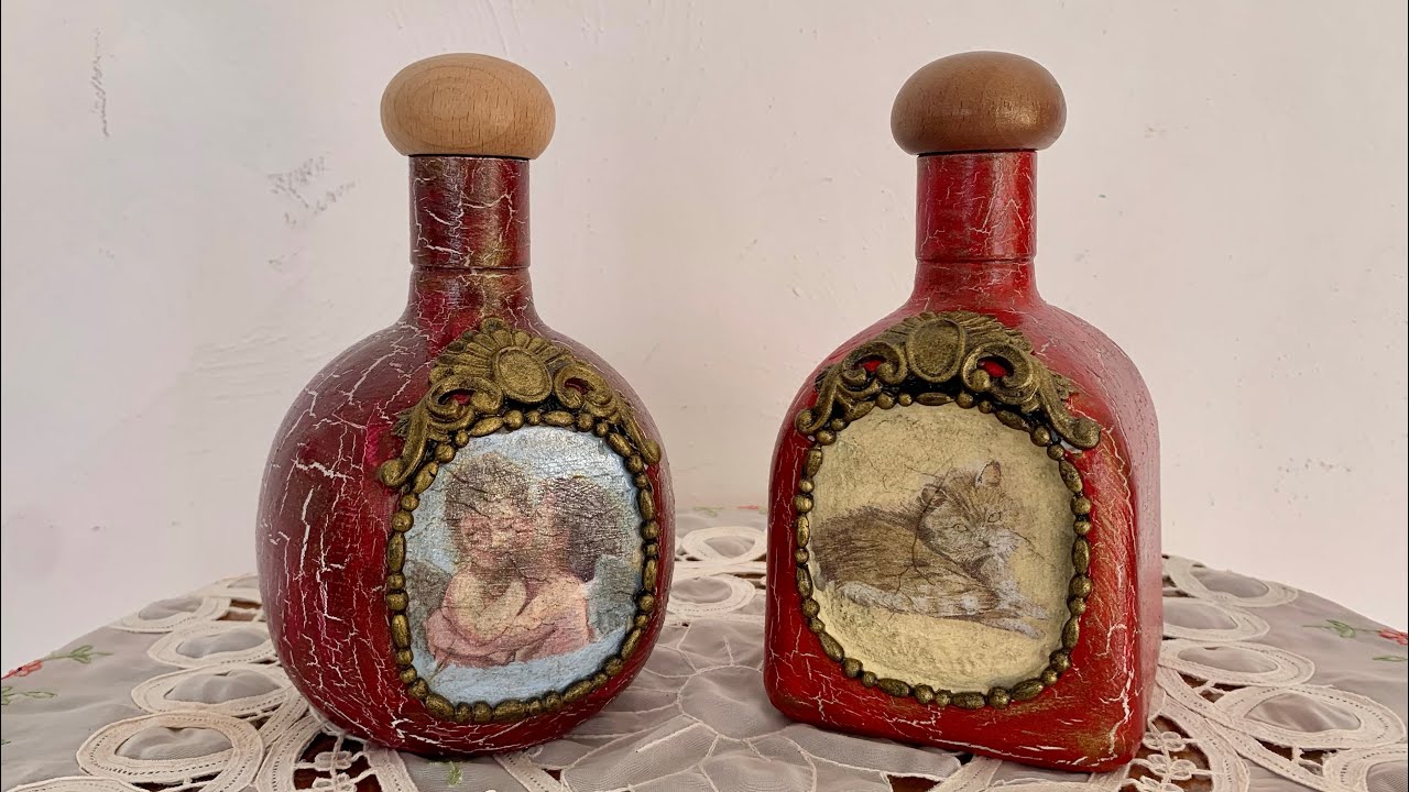Botellas rojas con craquelado. Mira qué hermosas. Diy.