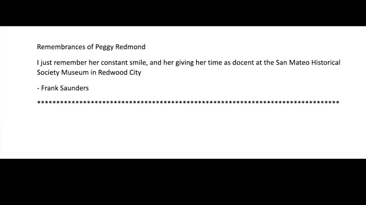 Memorial for Peggy Redmond - September 12th, 2021