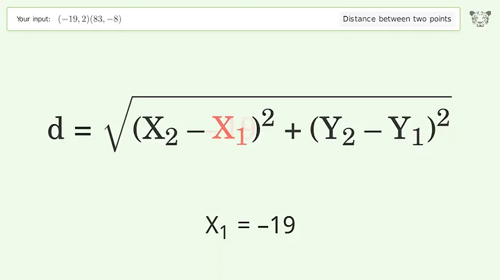 Find the distance between two points p1 (-19,2) and p2 (83,-8): Step-by-Step Video Solution