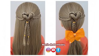 Penteado de Coração Fácil com Liguinhas 💖| Heart Hairstyle with Elastics 💖| Hairstyle for Girls💖