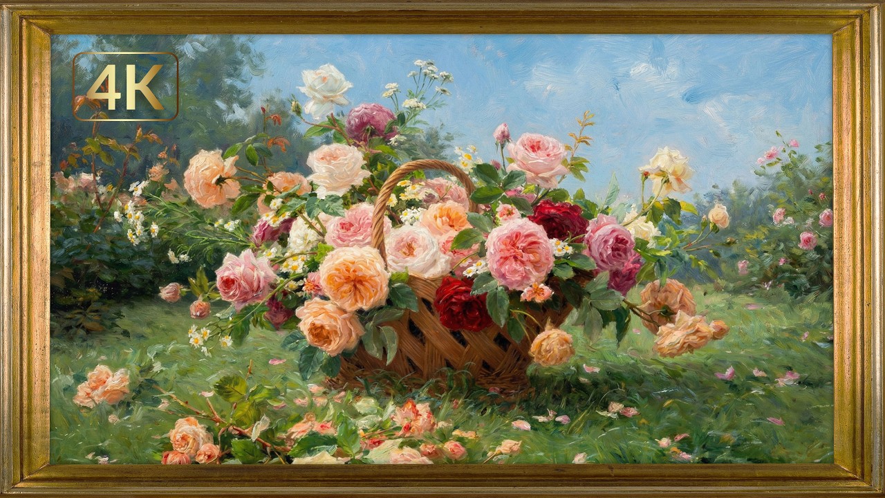 Vintage Rose Basket in Gold Frame 💐 4K TV Art Screensaver | 2Hrs