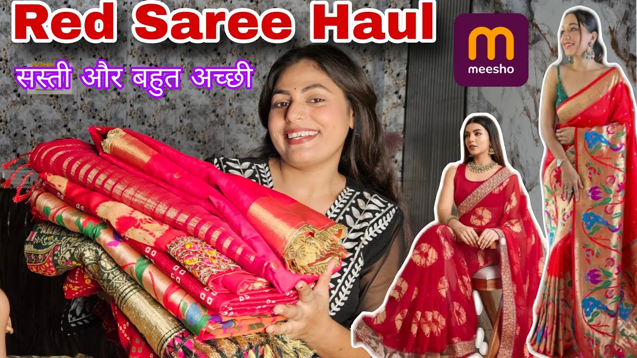 Meesho Red Saree Haul | 10 Partywear & Wedding Sarees Try On | Under ₹1000 😍