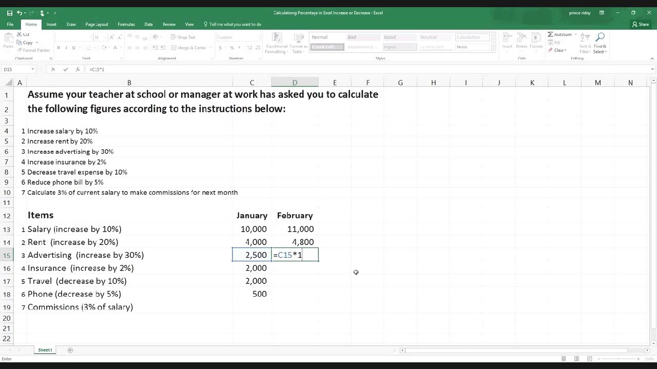 Calculating Percentage In Excel Increase Or Decrease With Easy Step By Step Tutorial Youtube
